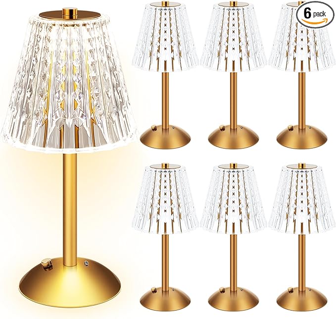 Liliful 6 Pcs LED Portable Cordless Table Lamp Touch Battery Operated Rechargeable Desk Lamp 3 Color Dimmable for Bedroom Living Room Dining (Classic Style,Gold)