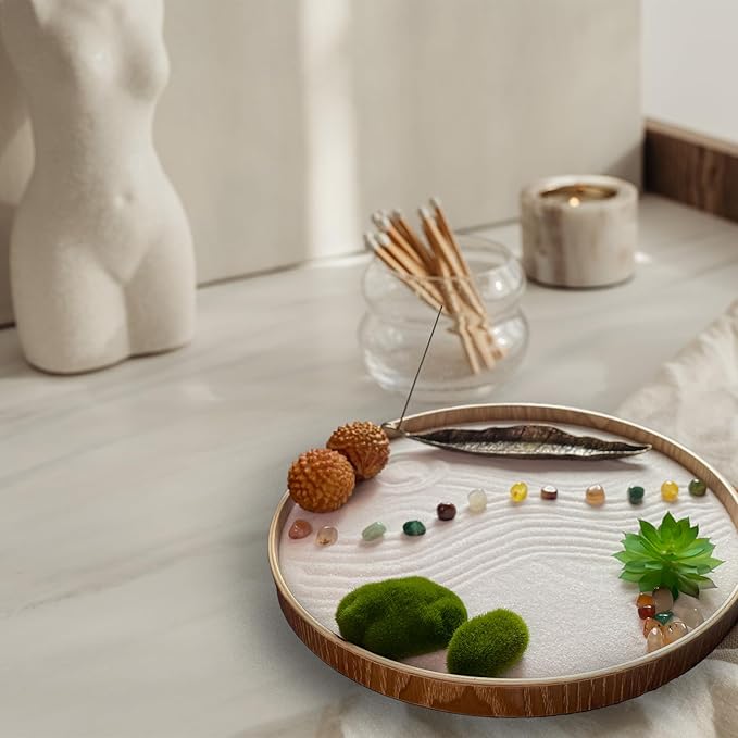 Japanese Zen Garden Kit for Desk, Bamboo Sand Garden Meditation Therapy Tray Gift Set, Mini Zen Décor Office Desktop Accessories - 2 Textured Spheres, Incense with Holder