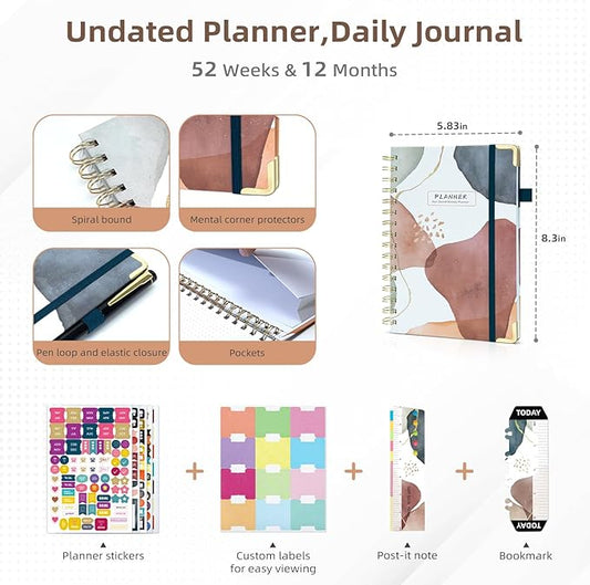 Ospelelf Undated Planner Daily Spiral Binding Weekly Monthly Hardcover Mini Planners with Stickers 12 Months Productivity Aesthetic Journey Booklet Size Brown