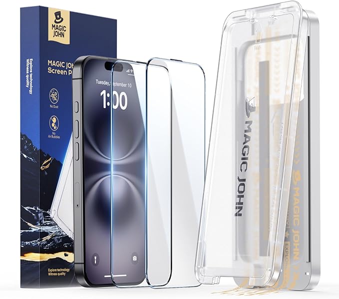 MAGIC JOHN 3rd Gen Upgraded for iPhone 15Plus/16Plus Screen Protector 6.7 Inch, HD Clear, Shatterproof Tempered Film, Auto Dust-Elimination, Bubble Free, Easy Installation, 2 Pack