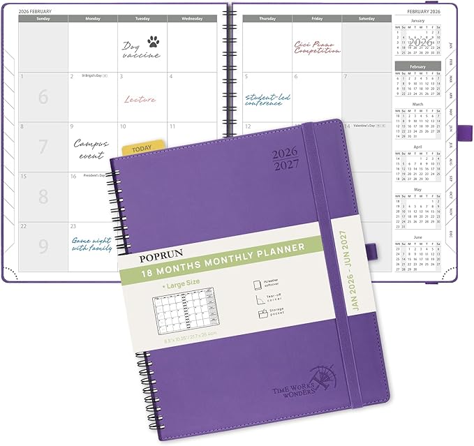 POPRUN Monthly Planner 2026-2027 (Large 8.5" x 10.5") 18 Months Calendar (Jan 2026 - Jun 2027) - 4 Pages per Month with Expense & Notes, Stair-like tabs, Leather Cover, Sunday Starts - Purple