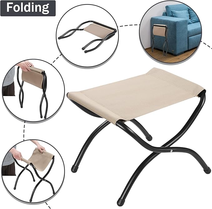 15" Foldable Foot Stool Ottoman with Metal Frame - Washable Faux Fur Navy Upholstered Indoor/Outdoor Footrest for Living Room, Bedroom, Patio - Space-Saving Compact Design