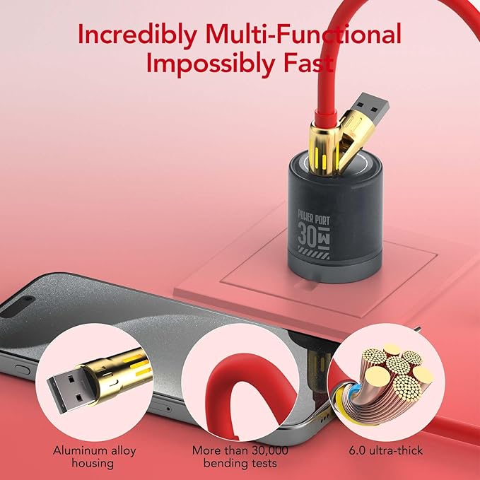 MFish 4-in-1 Universal USB Charging Cable with Carrying Case – 240W Max Fast Charger Cord, USB-A, Dual USB-C & Lighting, for iPhone 14/15/16/17 Series, iPad & MacBook and More (Red, 6.6Ft)