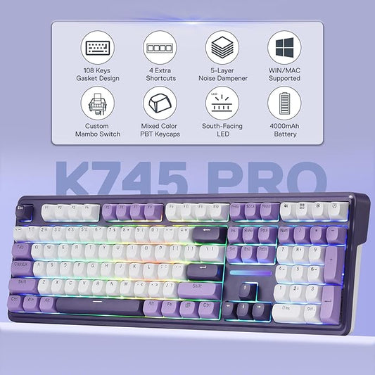 Redragon K745 PRO Wireless Gasket RGB Gaming Keyboard, 108 Keys Mechanical Keyboard w/Extra 4 Hotkeys, Hot-Swap South-Facing LED Socket, 5-Layer Noise Dampening, Round PBT Keycaps, Mint Mambo Switch