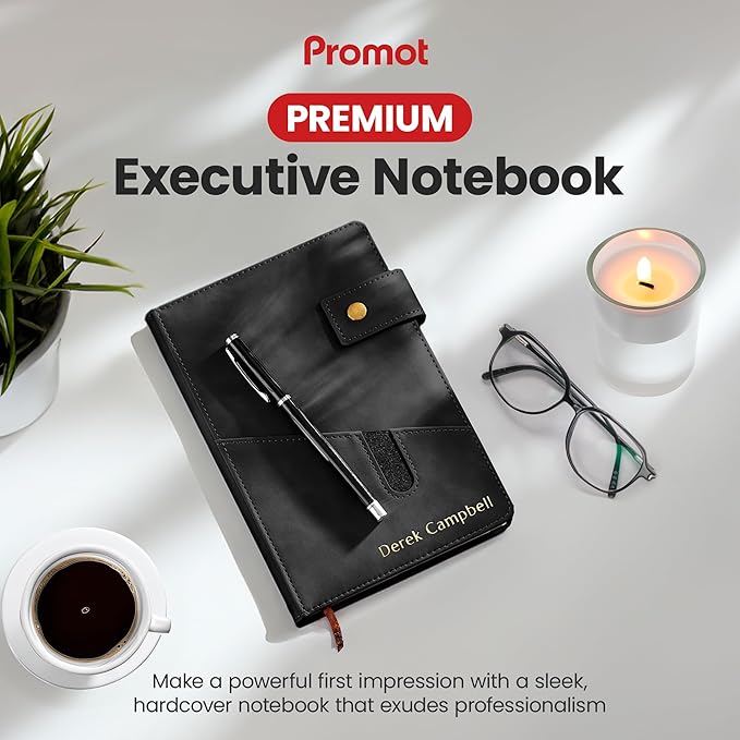 Promot Personalized Notebook - A5 Lined Leather Bound Journal for Writing Women Men - Hardcover Executive Notebook, Daily Journal, Travel Diary, Gift Idea, Custom Embossed Text with Gold Metallic Foil