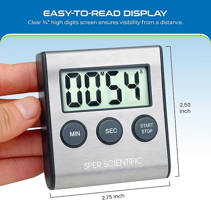 Sper Scientific Stainless Steel Digital Lab + Kitchen Timer 810028A – Compact Design Timer with Large Display & Loud Alarm - for Cooking, Baking, Labs, Workouts & More
