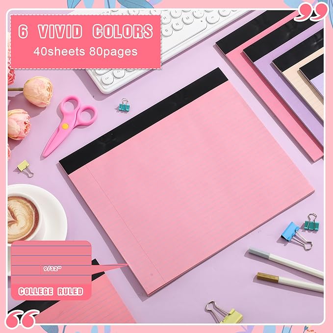 Lincia 6 Pcs 11" x 9.5" Legal Pads College Ruled Notepad Landscape Notebook Horizontal Lined Notebook 80 Gsm Assorted Colors Paper Pastel Writing Pads for School Office, 40 Sheet (Happiness Color)