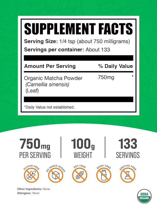 BulkSupplements.com Organic Matcha Powder - Matcha Powder for Latte, Culinary Grade Matcha - Organic & Gluten Free, 750mg per Serving, 100g (3.5 oz) (Pack of 1)