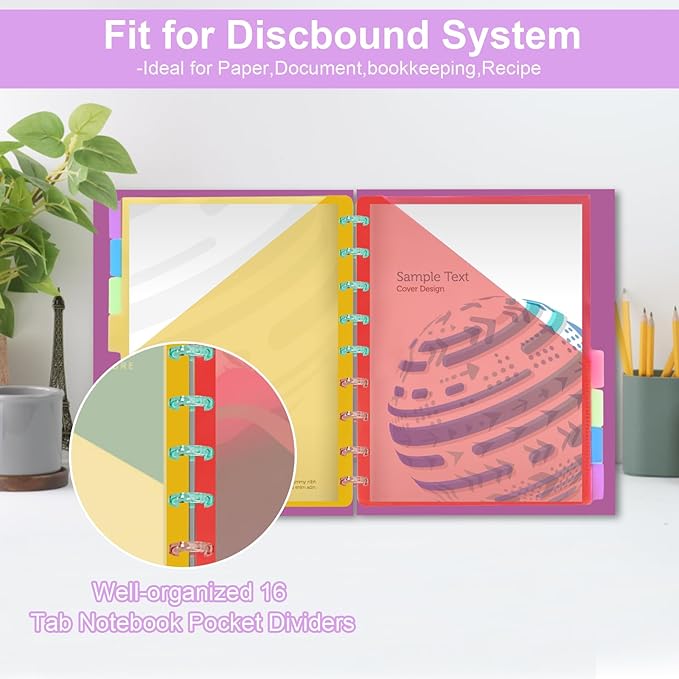 9 -Discbound Pocket Divider with 8 Tabs, 2 Set 7" X9.25 Inches Tul Notbook Binder Divider Folder Dis Planner Inserts for for Document Discbound System, Office Home School（16Pcs