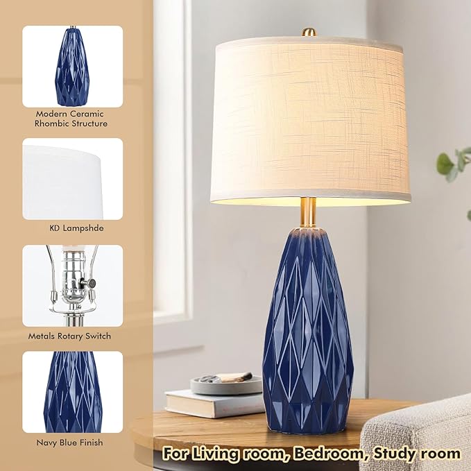 25'' Table Lamp Navy Blue Table Lamps Modern Ceramic Lamps for Night Stand - Dimmable Bedside Lamps for Nightstand, Bedroom Lamp for Living Room Desk End Table Office Guest Room