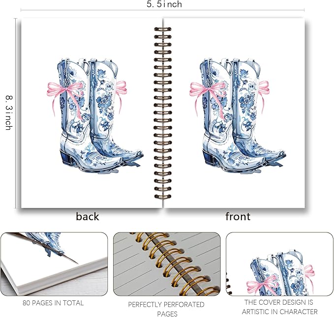 Chinoiserie Blue Notebook Journal,Blue Floral Cowgirl Boots Preppy Aesthetic Journal Notebook for Note Taking, Cowgirl Stuff, Cowgirl Gifts,Blue Office Supplies, piral Notebook 5.5x8.3 Inch