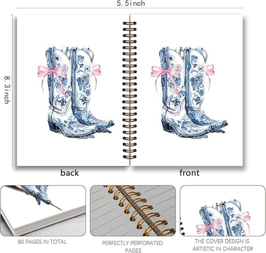 Chinoiserie Blue Notebook Journal,Blue Floral Cowgirl Boots Preppy Aesthetic Journal Notebook for Note Taking, Cowgirl Stuff, Cowgirl Gifts,Blue Office Supplies, piral Notebook 5.5x8.3 Inch