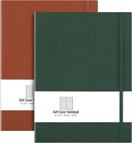 AHGXG College Ruled Notebook 2 Pack - B5 Large Composition Notebook Lined Journal 7.6 x 10 inch, with Thick 100gsm Lined Paper, Total 408 Numbered Pages, Inner Pocket - Green Brown