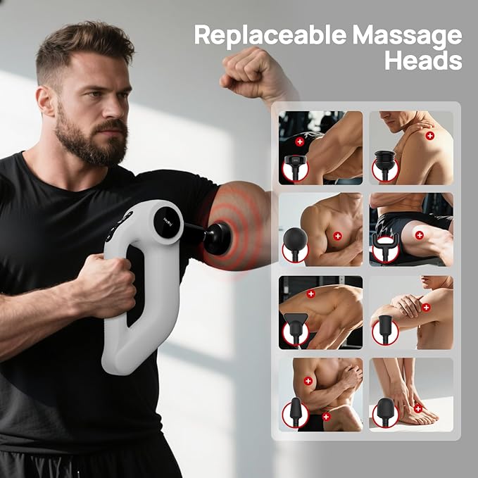 Deep Tissue Massage Gun with Heat, 12mm Amplitude Percussion Massager for Athletes & Muscle Relief, Professional Handheld Masssger Gun for Neck, Back, Shoulder, Leg, Gift for Men, White