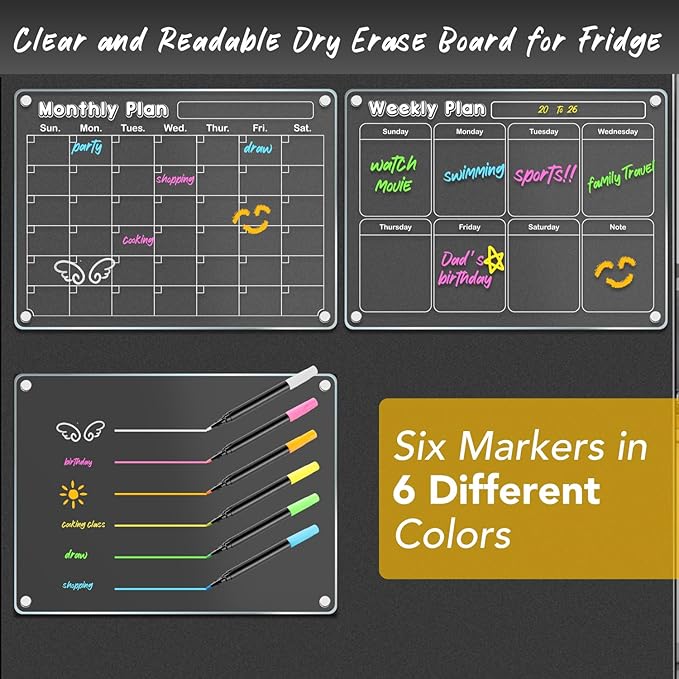DIYMAG Planning Pads 3Pack Acrylic Magnetic Dry Erase Calendar for Fridge, Clear Skylight Calendar Set 2025 Magnetic Weekly Monthly Memo Planner Board for Refrigerator with 6 Colors Markers