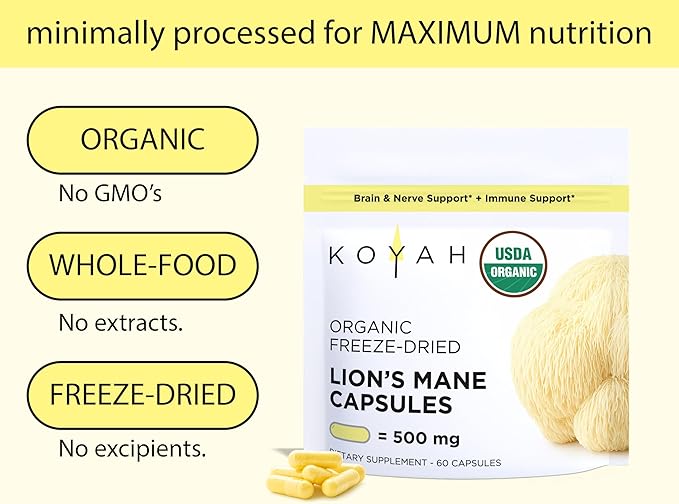 KOYAH Organic Lion's Mane Capsules - USA Grown, 100% Fruiting Body, Freeze-Dried, 3rd Party Tested for Beta-Glucans, 500 mg, Non-GMO, Vegan. Brain & Nerve Support. Immune Support. 60 Capsules