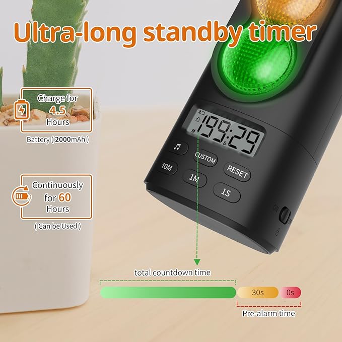 Traffic Light Visual Digital Timer, LCD Display Volume Adjustment, with 4 Ringtones for Kids Classroom Home Kitchen Game Countdown Pause Memory Function Charger Type C Cable Included