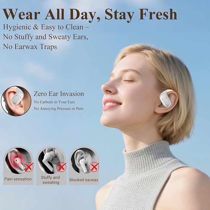 Open Ear Headphones,Ultra-Light 6.2g,Adjustable Ear Hooks,48H Playtime,BT 5.4 Wireless Open Ear Earbuds with IPX5 for Running,Office,Fitness,Workout (Creamy White)