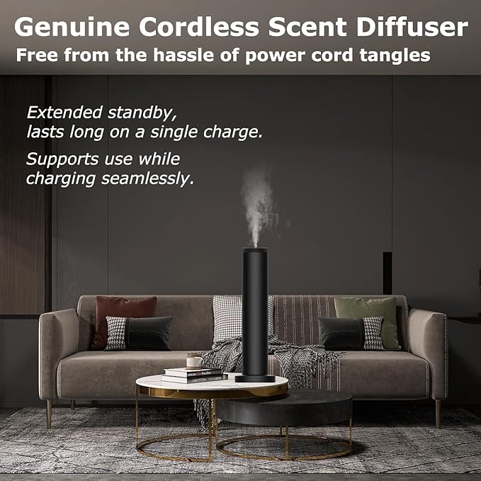 Hotel Scent Diffuser Machine -Cordless Rechargeable Diffuser for Whole House- Scent Air Machine for Home -App Bluetooth Control - Waterless Essential Oil Diffuser for Large Room, Studio Office -Black