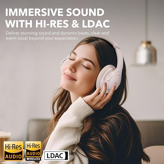 1Mii Y8+ Noise Cancelling Headphones Bluetooth, Wireless LDAC Hi-Res Audio, Custom EQ via App, 75H Playtime, Comfort Fit, Over Ear Headphones Foldable for Airplane Travel Home Office Cream White