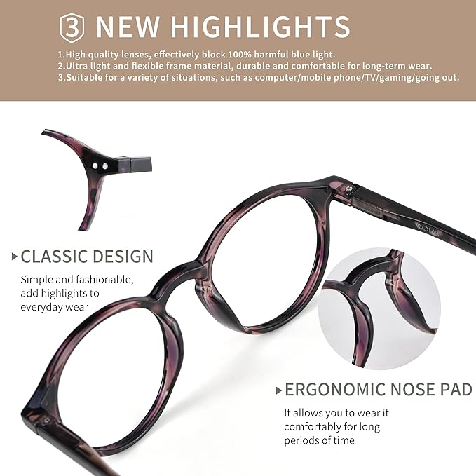 Blue Light Blocking Glasses Round Retro Computer Gaming Glasses Women Men UV Protection AB3303 (Black/Purple tortoise)