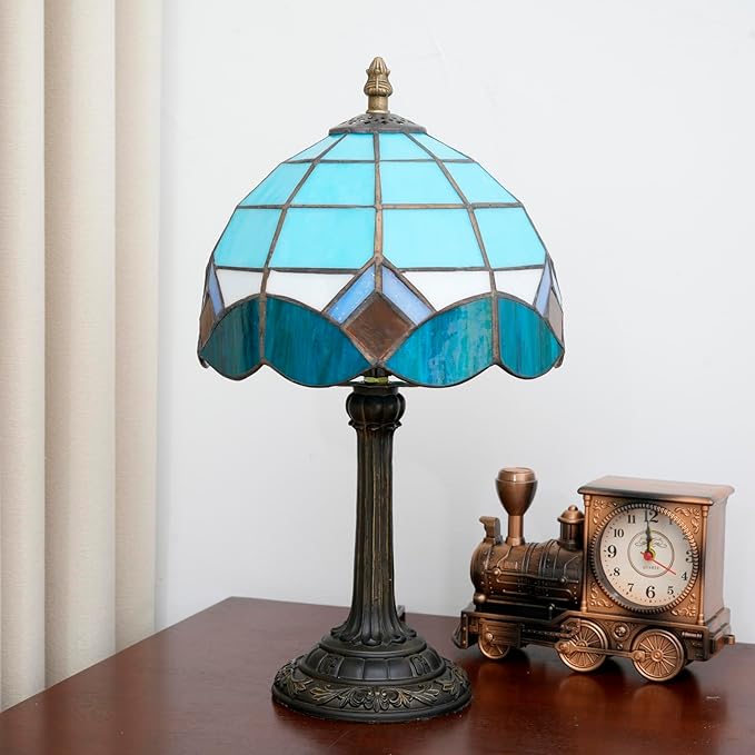 Sky Blue and White Lamp Small Tiffany Lamps Bedside Nightstand for Bedroom Dector Light Stained Glass Table Lamp Living Room Kitchen Night Lamp Farmhouse Cute 8 Inch Aesthetic Mediterranean Desk Lamps
