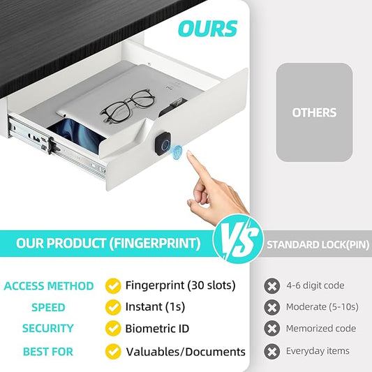 Under Desk Drawer with Lock Fingerprint, 16" W x 11.8" D x 6.3" H, Lockable Under Desk Slide Out Drawer, White