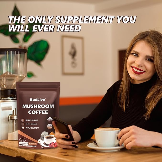 Mushroom Coffee - Instant Coffee Powder with Organic Lion’s Mane, Reishi, Cordyceps, Turkey Tail, King Trumpet & Shiitake, Energy, Focus, Digestion & Immune Support, 30 Servings