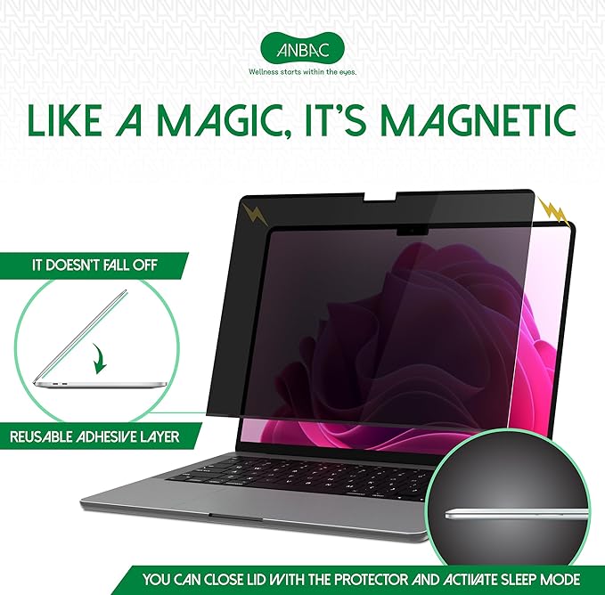 Laptop Magnetic Privacy Screen Protector for 14 inch MacBook Pro (2024, M4, M4 Pro, M4 Max / 2023, M3 Pro, M3 Max, M2 Pro, M2 Max / 2021, M1) - Blue Light Blocking Screen Shield, Anti-Smudge Computer Security Screen Filter