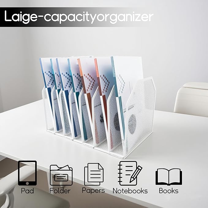 Adjustable Desk File Organizer,Detachable Office Folder Organizer,Compact Vertical Desk File Holder,Wrought Iron Paint,Suitable for Home, School, Office Classrooms (White - 7 grids)