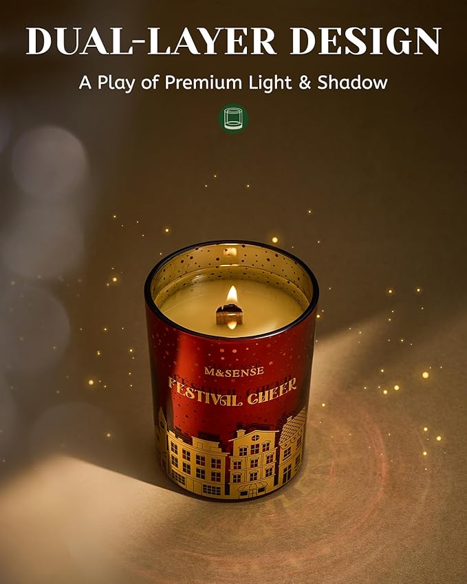 M&SENSE Festival Cheer Wooden Wick 18oz Almond & Apple Scented Clean Natural Soy Wax Candle, 100 Hours Burn Aromatherapy Large Candle for Housewarming Bathroom Bedroom