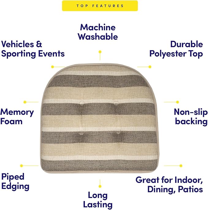 Sweet Home Collection Chair Cushion Memory Foam Pads Tufted Slip Non Skid Rubber Back U-Shaped 17" x 16" Seat Cover, 2 Count (Pack of 1), Bradford Beige/Brown