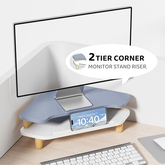 Monitor Stand Riser,2 Tier Corner Wood Monitor Stand Sturdy Computer Stand Multi-Purpose Desktop Storage Stand for Laptop,PC,iMac,Printer,Computer,Blue