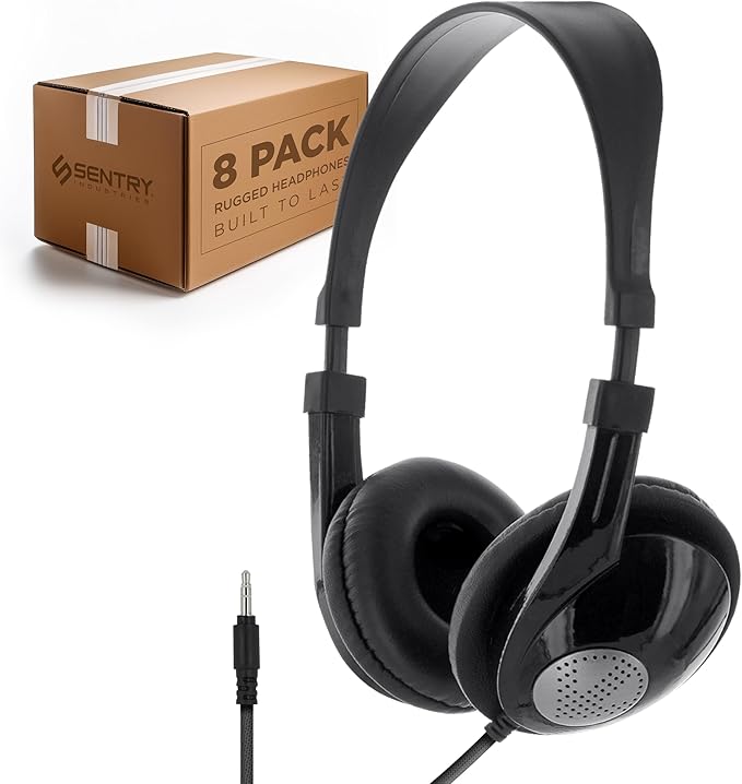 SENTRY Bulk Rugged School Headphones, Durable for Kids, Students, Teachers, Classrooms, 3.5mm or USB-C Jack Options, Optional Boom Mic for Online Learning (8 Count - 3.5mm with Inline Mic, 8, Count)