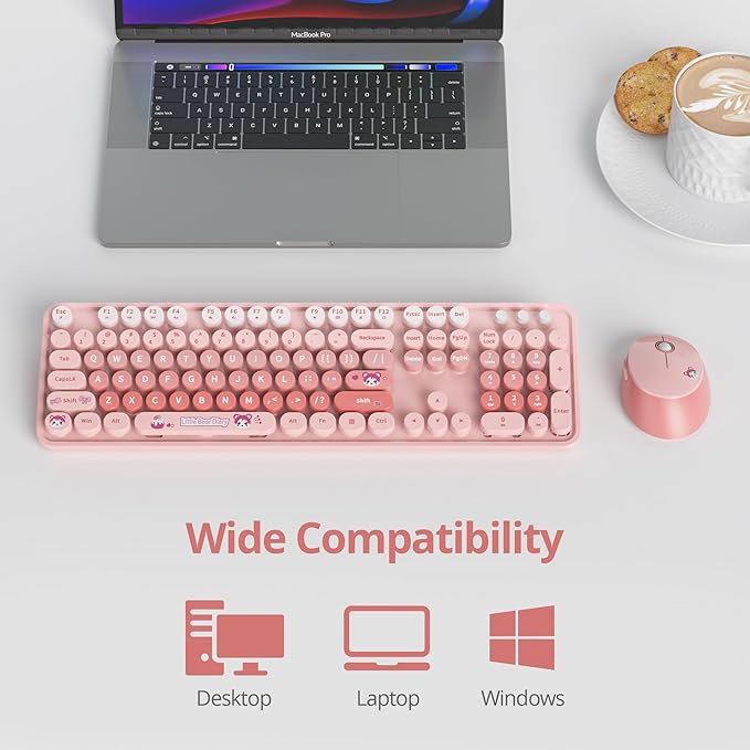 GTSP Pink Keyboard and Mouse, Cute Silent Typewriter Wireless Full-Size Office Keyboard with Round Keycaps for Desktop Laptop and PC (Gradient Pink)