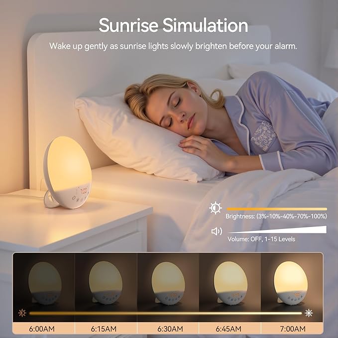 Wake Up Light Sunrise Alarm Clock, 10000 Lux UV-Free Sun Lamp with Dimmable Brightness, 4 Color Temperatures, Timer, Dual Alarms, Snooze, Sleep Aid, 10 Natural Sounds