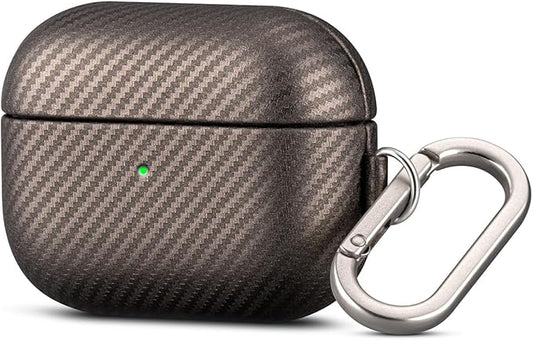 Leather Case - for AirPods Pro 2 Case Cover with Keychain - Selected Skin-Friendly Leather, Carbon Fibre Texture, Handmade Hard Cover for AirPods Pro 2nd Generation Earbuds - Desert Titanium