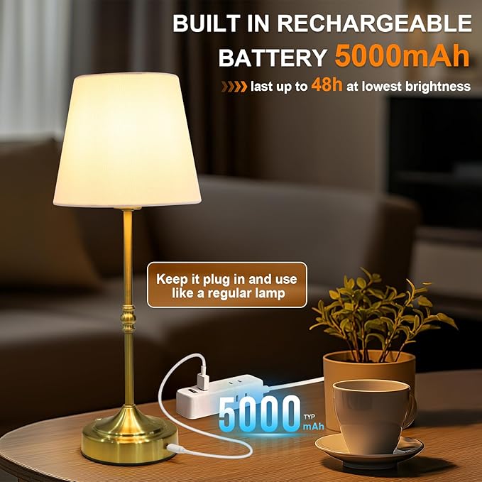 Rechargeable Cordless Lamp, 5000mAh Battery Operated Table Lamp, Wireless 3-Level Dimmable Touch Lamp, Portable Night Bedside Brass Lamp, Desk Light for Home Decor, Patio, Restaurant, Dinning