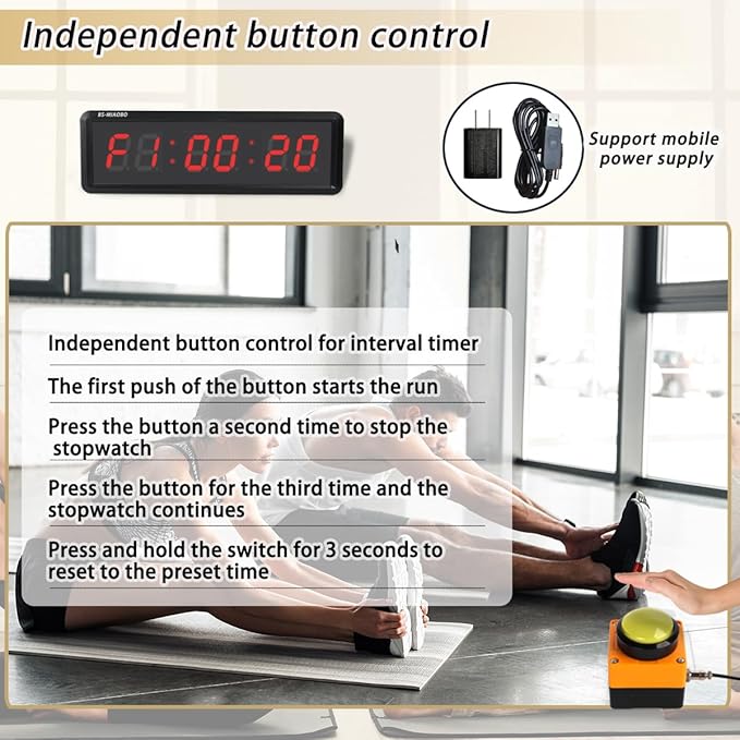 Independent Button Type 1.5-inch Fitness Room Rest Timer, Suitable for Gym Exercise/School/Home Exercise/Boxing Gym/Indoor Rock Climbing (1.5 inch 6-Digit red)