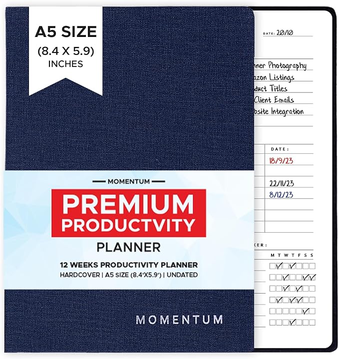 Momentum - Daily, Weekly, Monthly Productivity Planner Kit | Navy Blue Undated A5 Size Planner | 192 Pages Journal + Motivational Stickers + Motivational Post Card