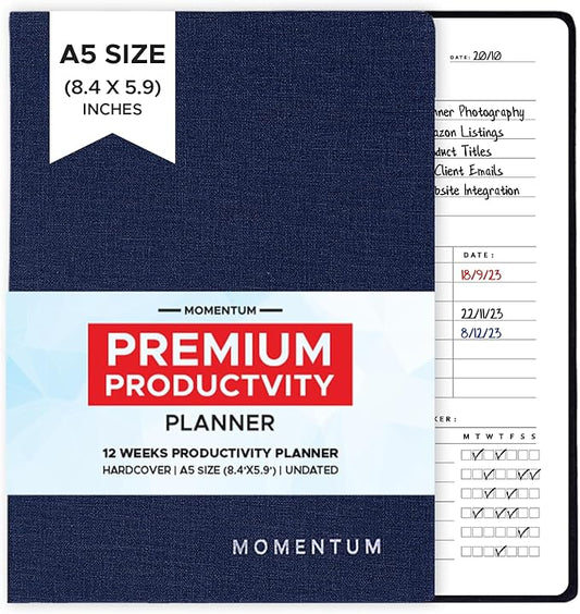 Momentum - Daily, Weekly, Monthly Productivity Planner Kit | Navy Blue Undated A5 Size Planner | 192 Pages Journal + Motivational Stickers + Motivational Post Card