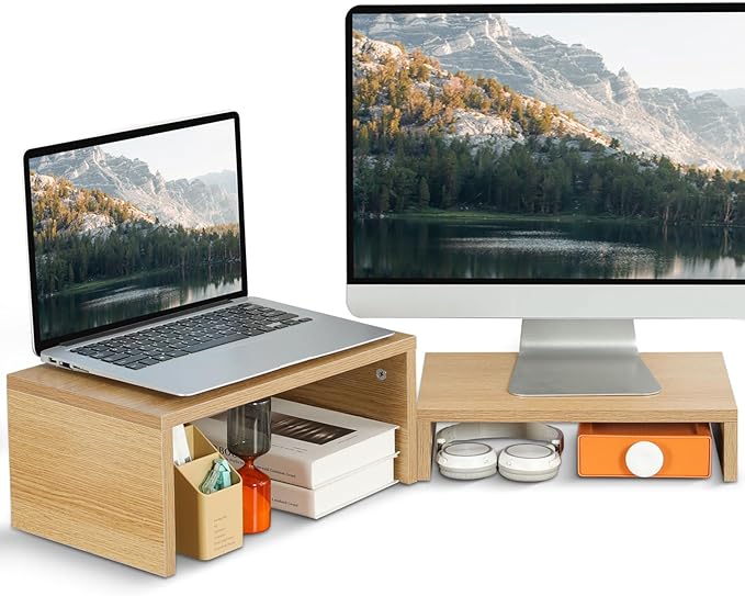 TEAMIX Pull Out Monitor Stand Riser-2 Pack,Wood 2 Tier Adjustable Monitor Stand Dual Monitor Riser for 2 Monitors/Laptop/PC Computer Stand Desktop Space Saver…