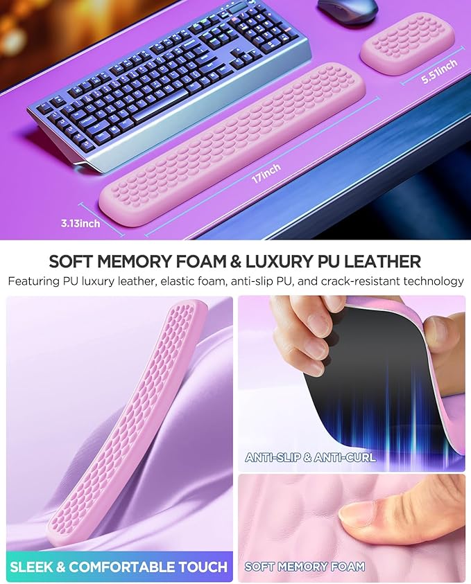 Lekvey Ergonomic Keyboard Wrist Rest - Memory Foam with Massage Points & Waterproof PU Leather Wrist Pad, Carpal Tunnel Support for Office Computer/Gaming, Typing Pain Relief, Easy-Clean（Pink）