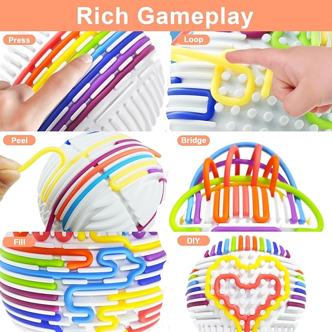 Sensory Fidget Toys Sensory Activity Ball Includes 24 Slicone Ropes for 3+ Kids & Adults with Autism, Calming Anxiety ADHD Occupational Therapy Toys
