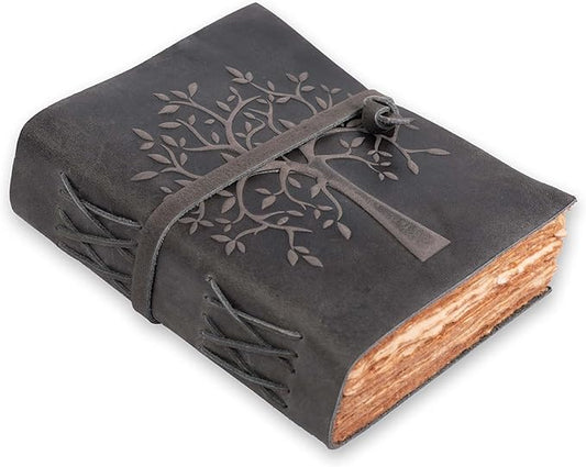 LEATHER VILLAGE Tree of Life Journal - 8"X6" (A5) inches - Black - 200 Antique Deckle Edge Handmade Paper – Book of Shadows - Vintage Leather Bound Journal for Women & Men