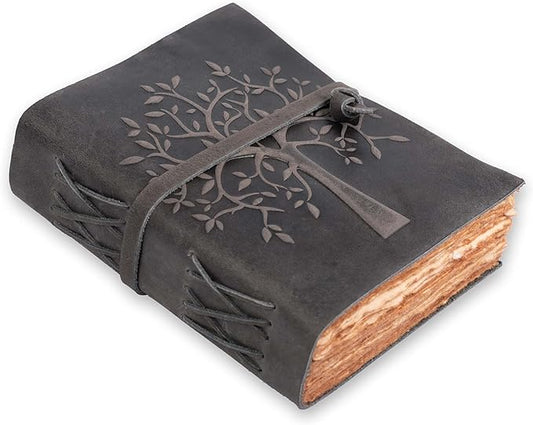 LEATHER VILLAGE Tree of Life Journal - 6 X 4 (A6) inches - Black - 200 Antique Deckle Edge Handmade Paper – Book of Shadows - Vintage Leather Bound Journal for Women & Men