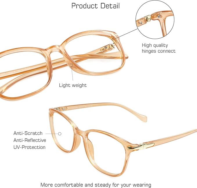 VisionGlobal Blue Light Blocking Glasses for Women/Men, Anti Eyestrain, Computer Reading, TV Glasses, Stylish Square Frame, Anti Glare(Champagne,+6.00 Magnification)