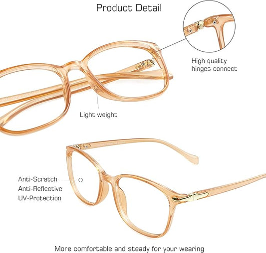 VisionGlobal Blue Light Blocking Glasses for Women/Men, Anti Eyestrain, Computer Reading, TV Glasses, Stylish Square Frame, Anti Glare(Champagne,+5.50 Magnification)