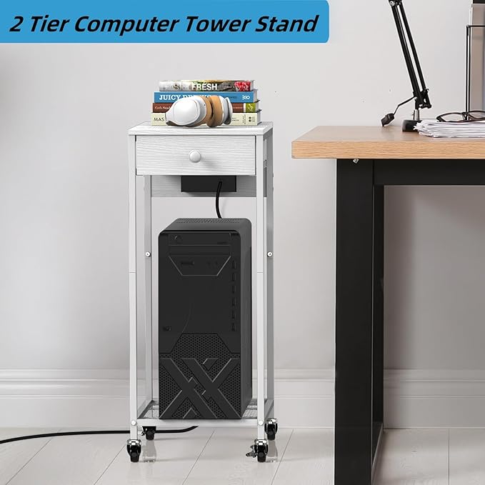 Computer Tower Stand, Adjustable PC Tower Stand CPU Holder Cart with Charge Station and USB Charging Port, 2 Tier Printer Stand with Wood Storage Drawer for Home Office Fax, White