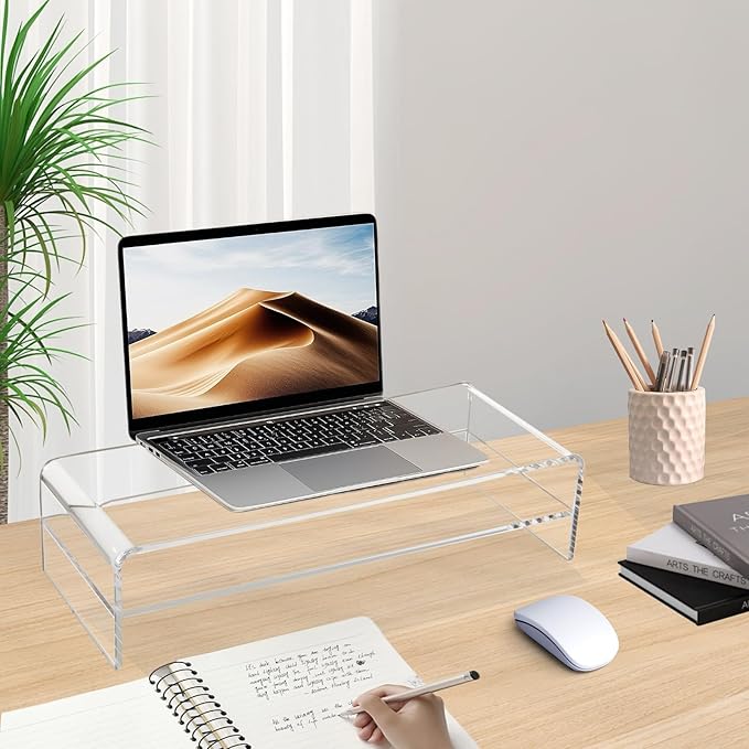 20in Large Acrylic Monitor Stand, 2-Tier Premium Large Laptop Stand, Acrylic Computer Monitor Riser for Home, Office, Business, Keyboard Storage, Multi-Media Laptop, Printer, TV